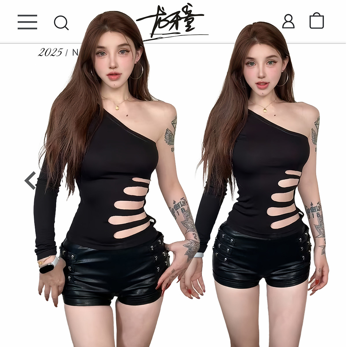 龙牙童推荐【侧腰镂空tee】辣妹性感女士时尚黑色镂空斜肩露肩T恤