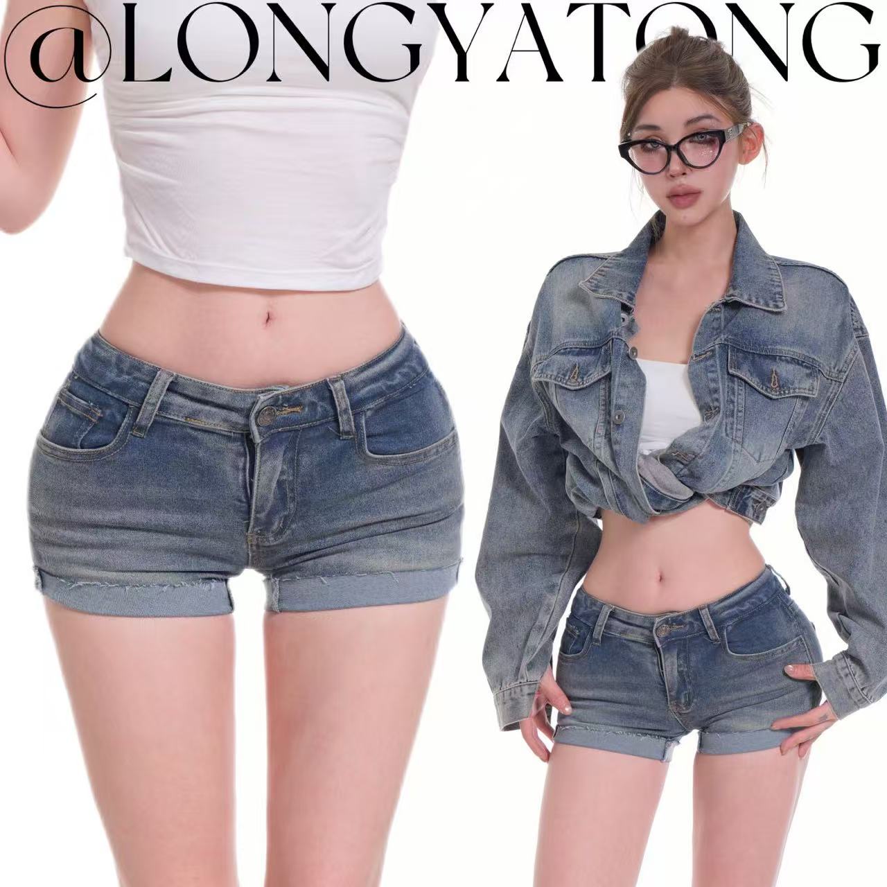 龙牙童推荐【港式牛仔(加胯)】欧美显瘦辣妹紧身短裤百搭复古修