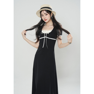 裙A字连衣裙度假长裙 夏季 新款 法式 甜美风设计感撞色花边收腰短袖