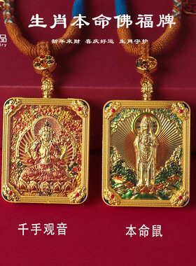 普陀山新款唐卡南海观音方形项链八大守护神吊坠佛牌挂件双面唐卡