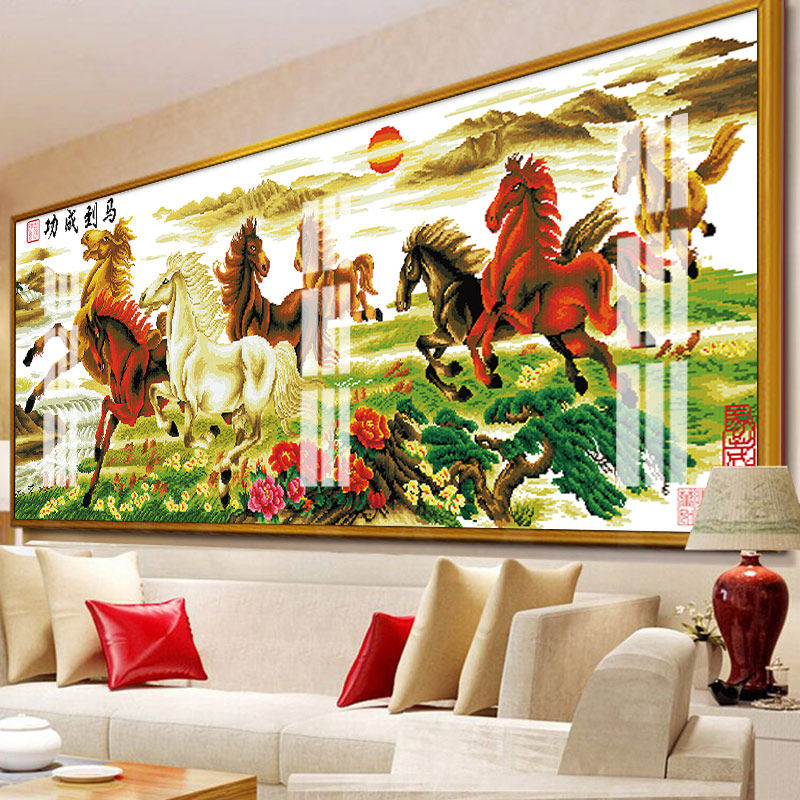 沙发背景墙挂画八骏图客厅装饰画马到成功晶瓷画大气新中式一整幅
