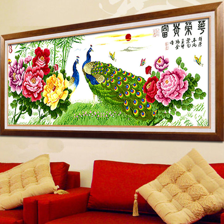 2025新款绣孔雀牡丹花开富贵十字绣成品机绣已绣好的出售客厅新品