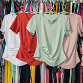 尾货V领短袖 t恤瑜伽服运动休闲纯色透气裸感速干健身跑步上衣女