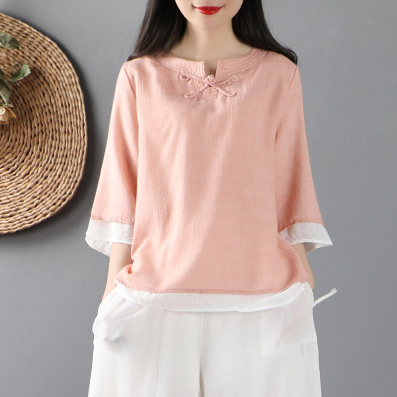 中国风文艺复古汉服棉麻上衣女夏装七分袖民族风衬衫中式禅意茶服,女装/女士精品,衬衫,淘宝优惠券,粉丝福利购,淘宝优惠卷
