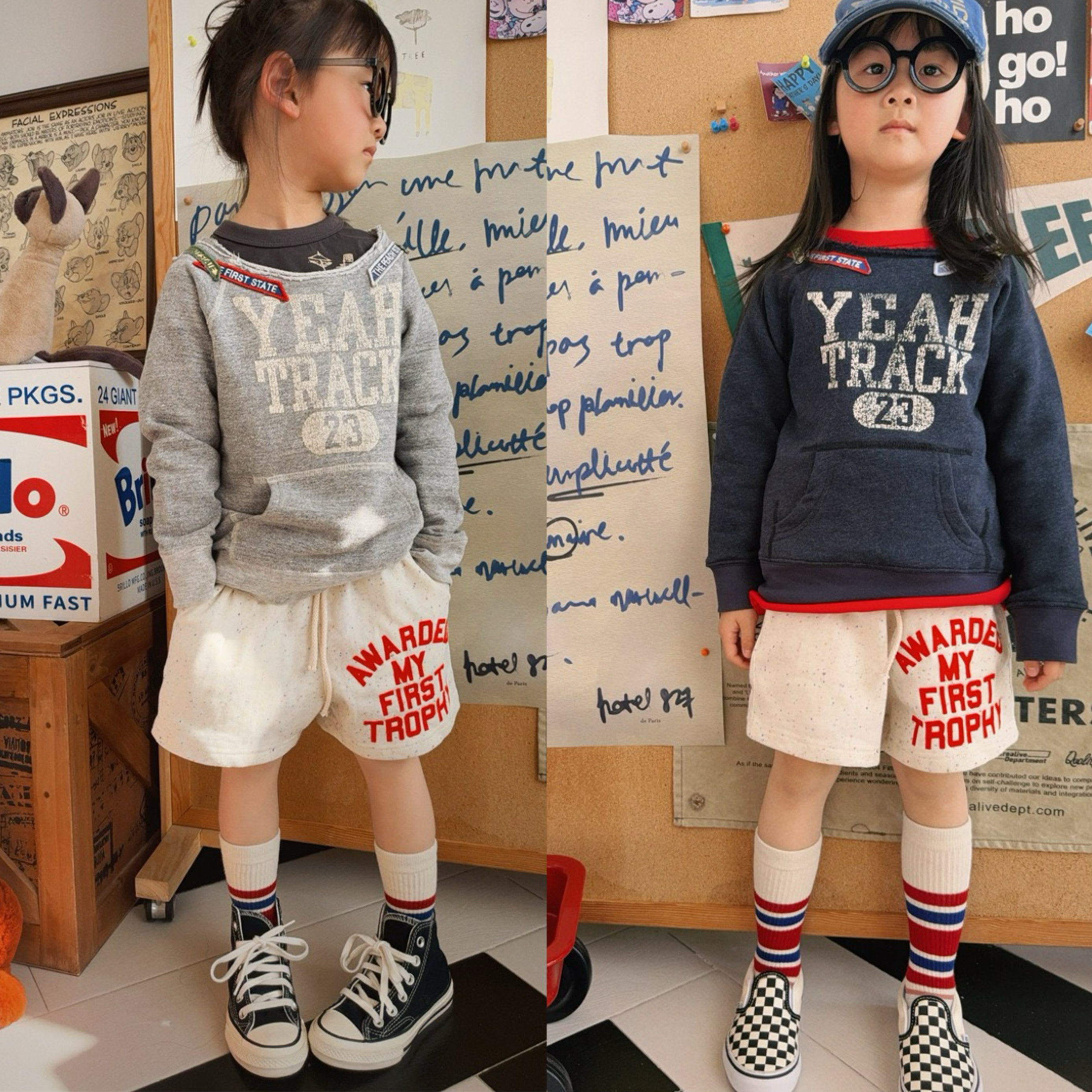 BabyKing25春夏男女童卫衣日系DD中古款破烂领口徽章刺绣儿童上衣