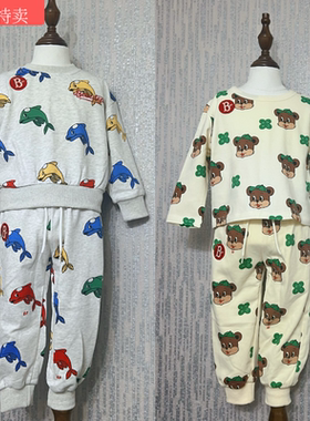 Babyking2024S/S春款儿童宝朱丽叶满印米白长袖T恤花灰海豚卫衣裤