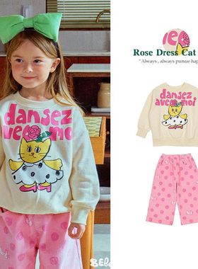 BabyKing 25秋冬4BE儿童保暖两件套中小童卡通跳舞猫印花卫衣裤套