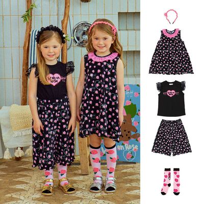 BabyKing25夏季4BE女童黑色玫瑰花连衣裙可爱荷叶边T恤压褶阔腿裤