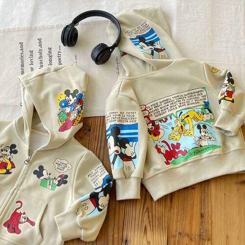 BabyKing 25秋冬DD日系中古童装儿童卡通印花连帽卫衣外套