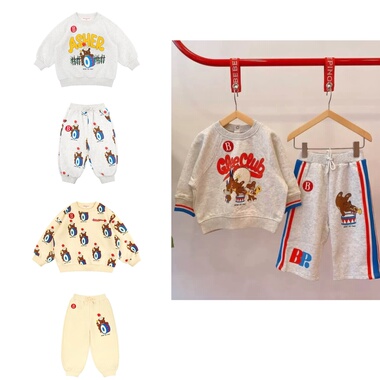 Babyking i25秋冬BE儿童运动裤男女童宝宝灰色小熊秋冬款休闲套装