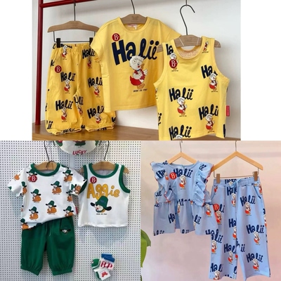 BabyKing 25夏BE童装夏日小狗满印短袖棉T恤休闲9分裤男女童背心