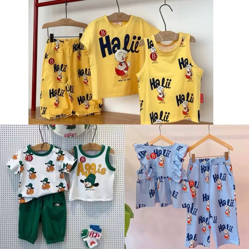 BabyKing 25夏BE童装夏日小狗满印短袖棉T恤休闲9分裤男女童背心