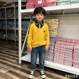 29308米吉丽奇男假两件衬衫领100%纯棉中大童春秋打底针织衫