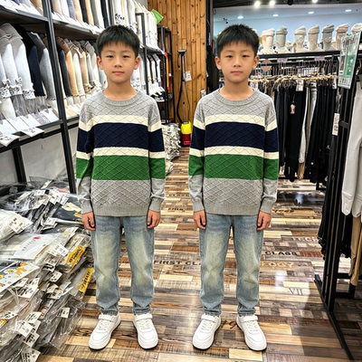 20703米吉丽奇男童波浪条纹薄款80%棉中大童春秋打底针织衫新款