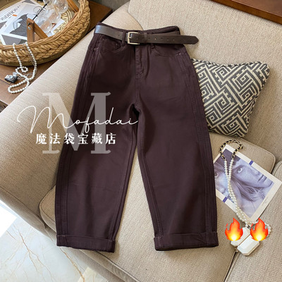 咖啡色加绒垮裤八分牛仔裤