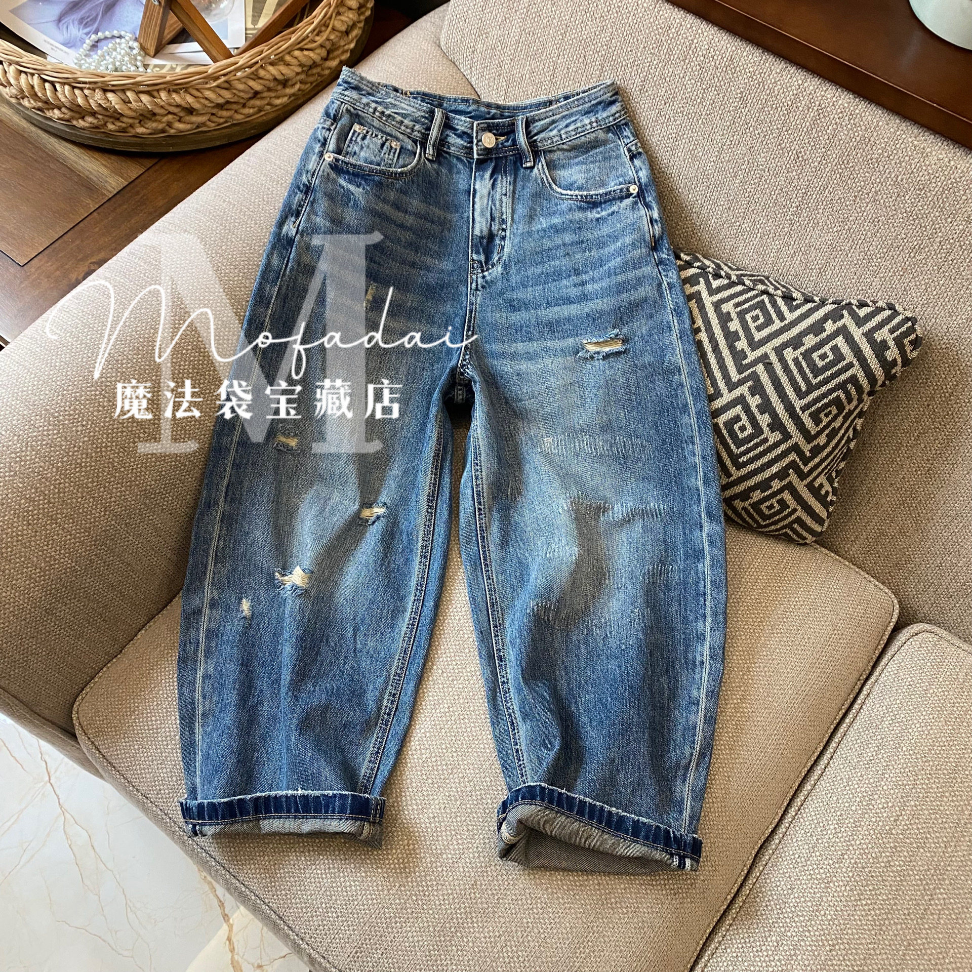 蓝色垮裤夏季新款牛仔裤女无弹破洞露肉个性时尚小个子九分老爹裤