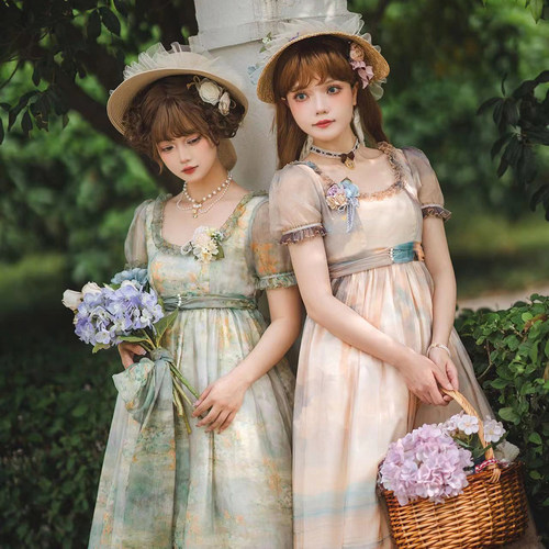 ◆原创定制◆油画集Lolita日常优雅度假帝政高腰短袖连衣裙◆