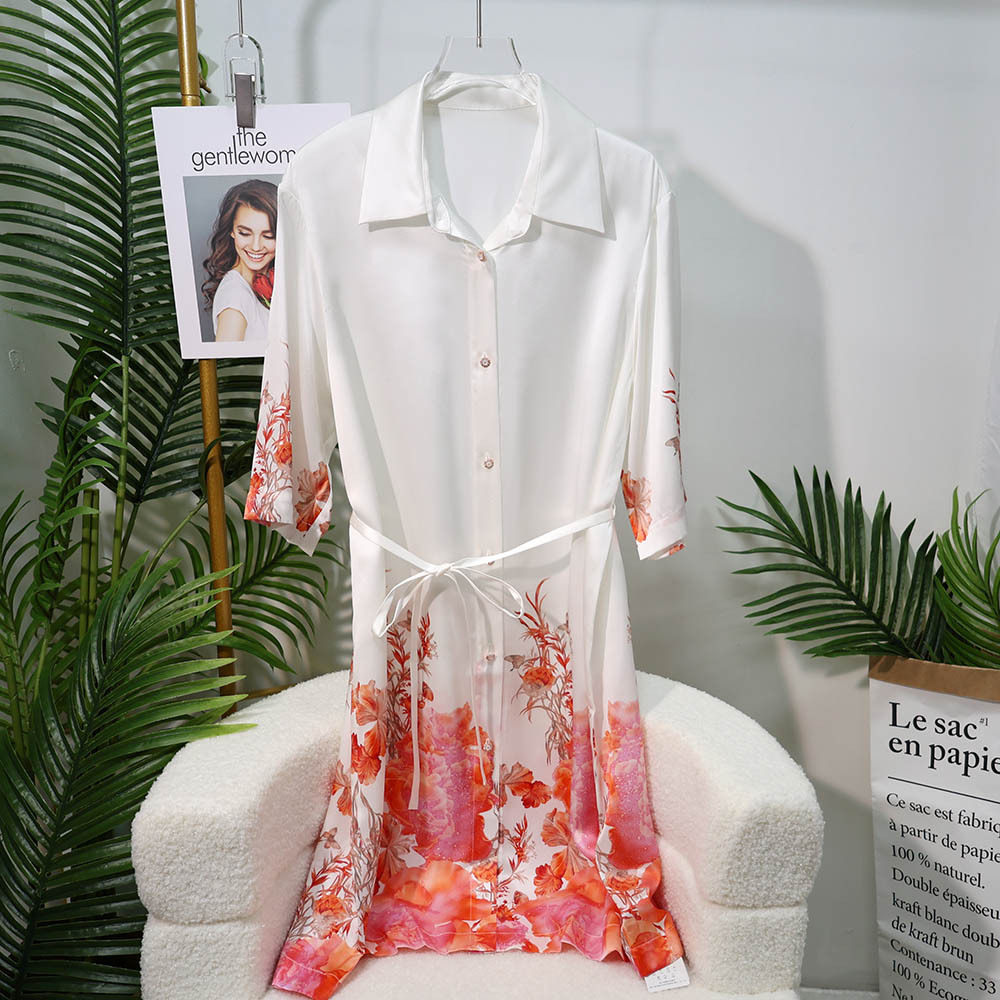 重磅真丝睡裙中国风定位印花衬衫式连体裙中袖翻领桑蚕丝家居服新