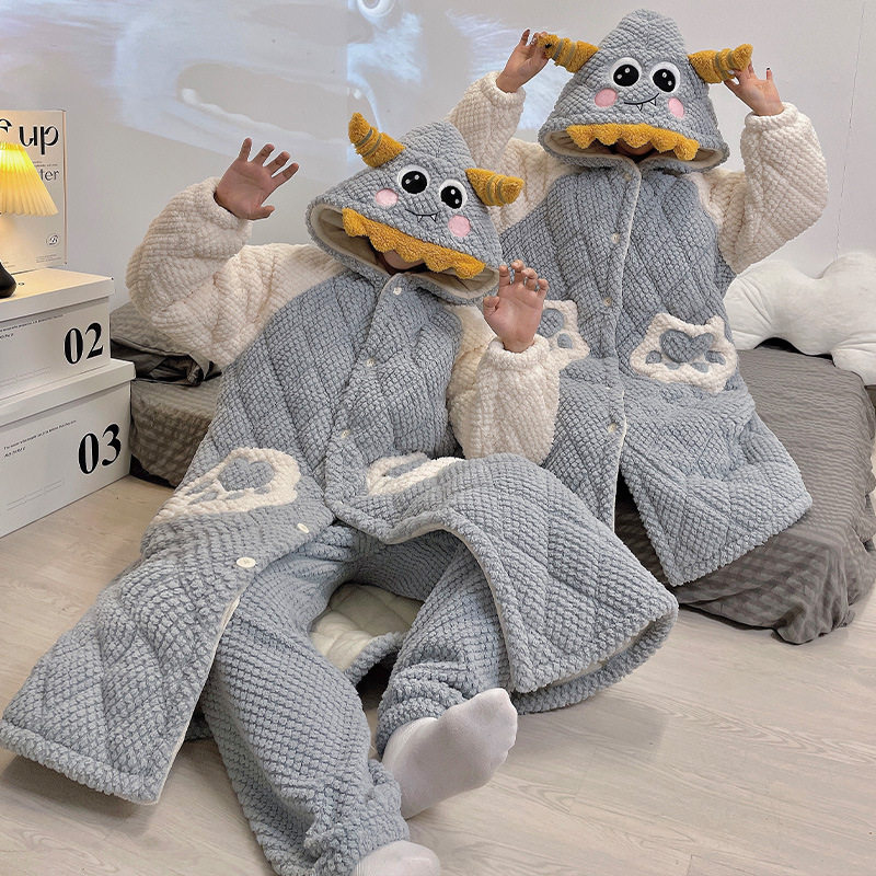 冬季情侣睡衣女三层夹棉加厚保暖睡袍长款珊瑚绒连帽家居服套装,女士内衣/男士内衣/家居服,睡袍/浴袍,淘宝优惠券,粉丝福利购,淘宝优惠卷