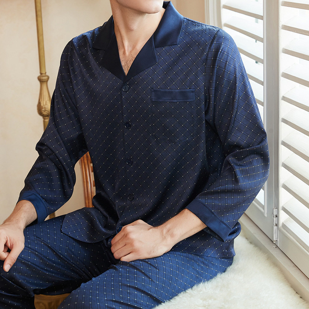 男士重磅真丝睡衣裤套装绅士格纹2023年新款短袖长裤家居服桑蚕丝