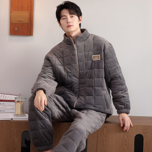 新款 珊瑚绒加绒加厚保暖三层夹棉袄山东省服家居服 秋冬季 睡衣男款