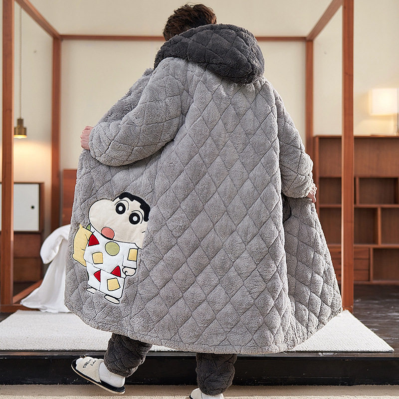 珊瑚绒睡袍男士睡衣秋冬季加绒加厚三层夹棉2024新款青少年家居服