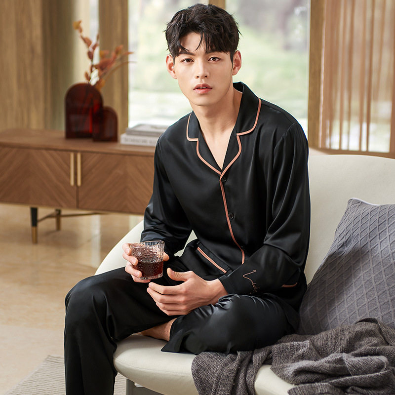 黑色冰丝睡衣男士四季款春秋季夏天长袖男式薄款仿真丝绸新款大码