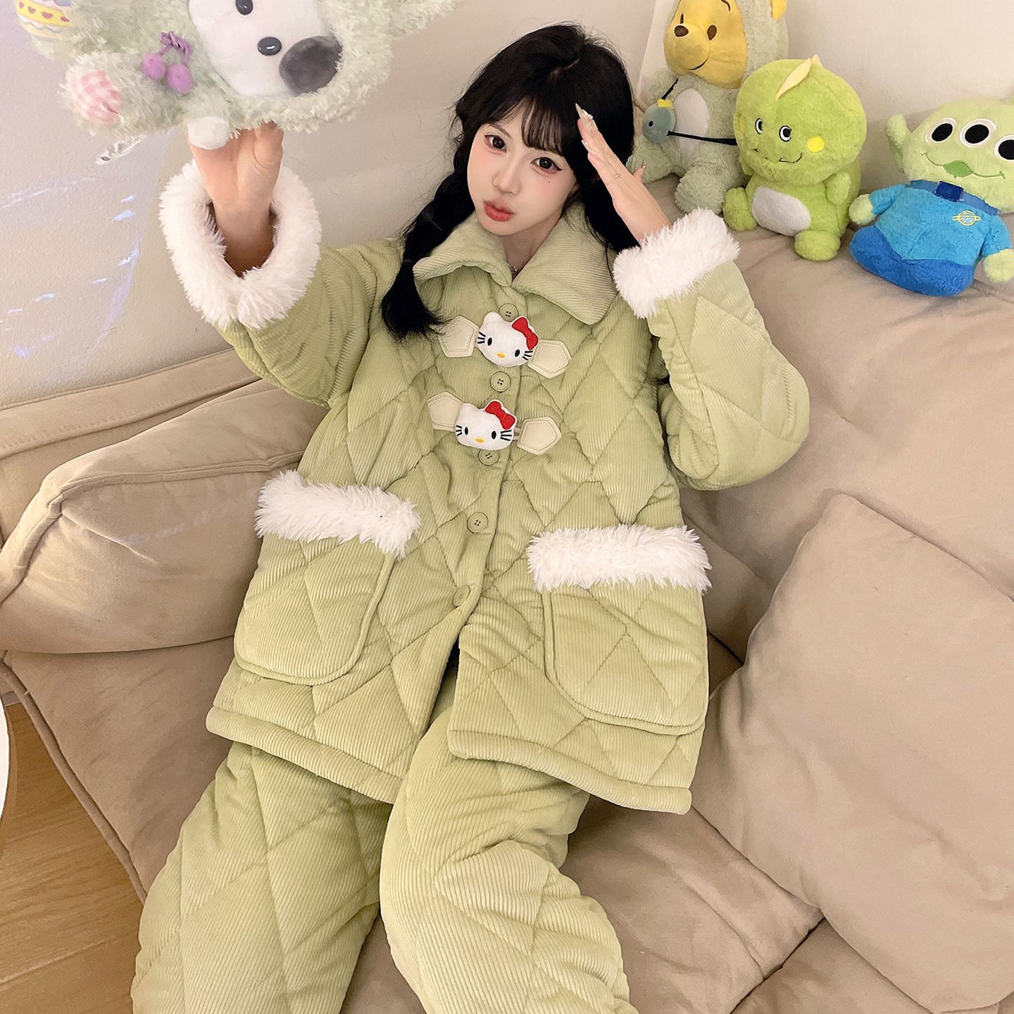 冬季新款三层夹棉睡衣女士加绒加厚卡通翻领棉袄可外穿家居服套装