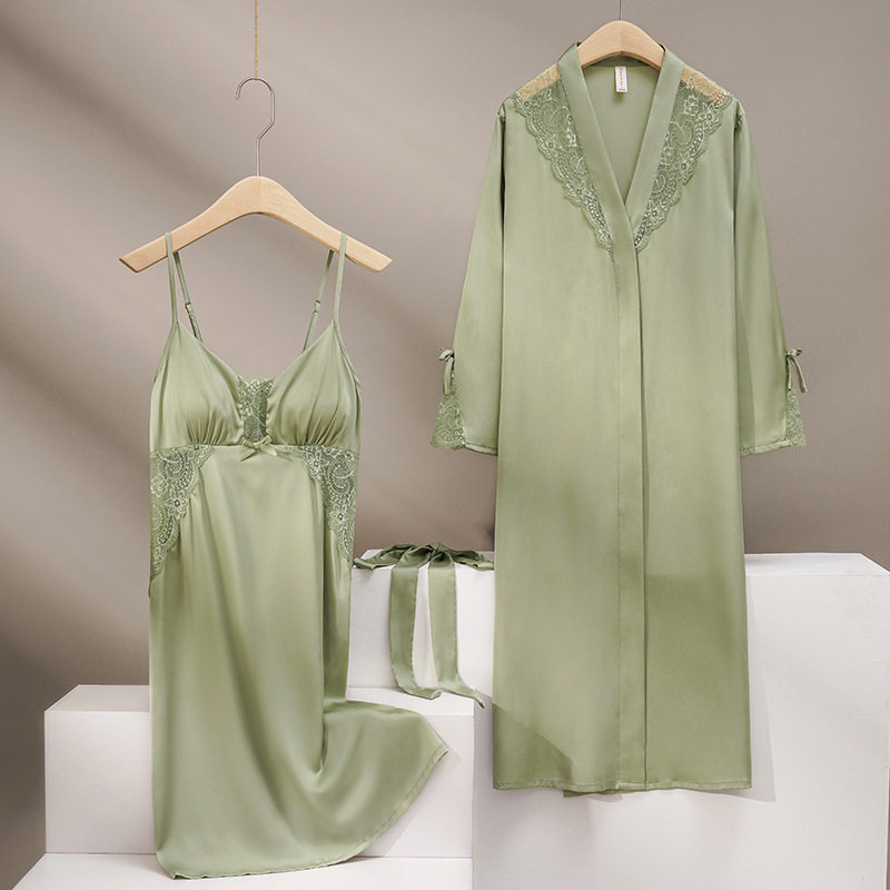 冰丝睡衣女夏带胸垫睡袍两件套吊带睡裙女浴袍家居服慵懒风