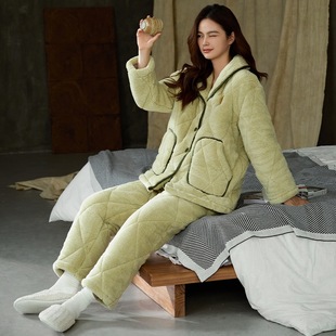 珊瑚绒三层夹棉加绒加厚果绿冬天家居服冬季 睡衣秋冬款 女2024新款