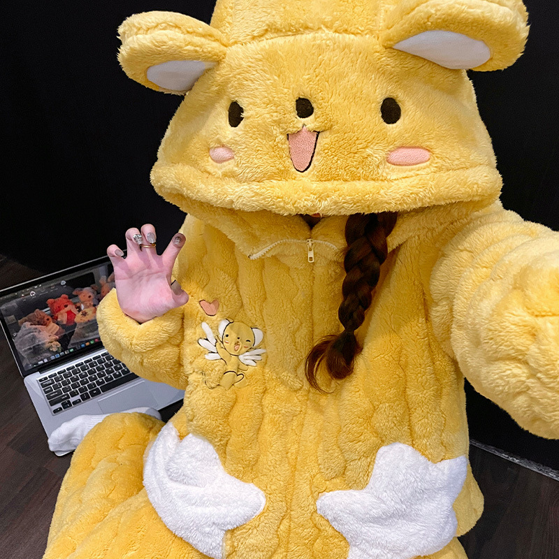 冬季新款三层夹棉睡衣女士加绒加厚保暖卡通连帽可外穿家居服套装