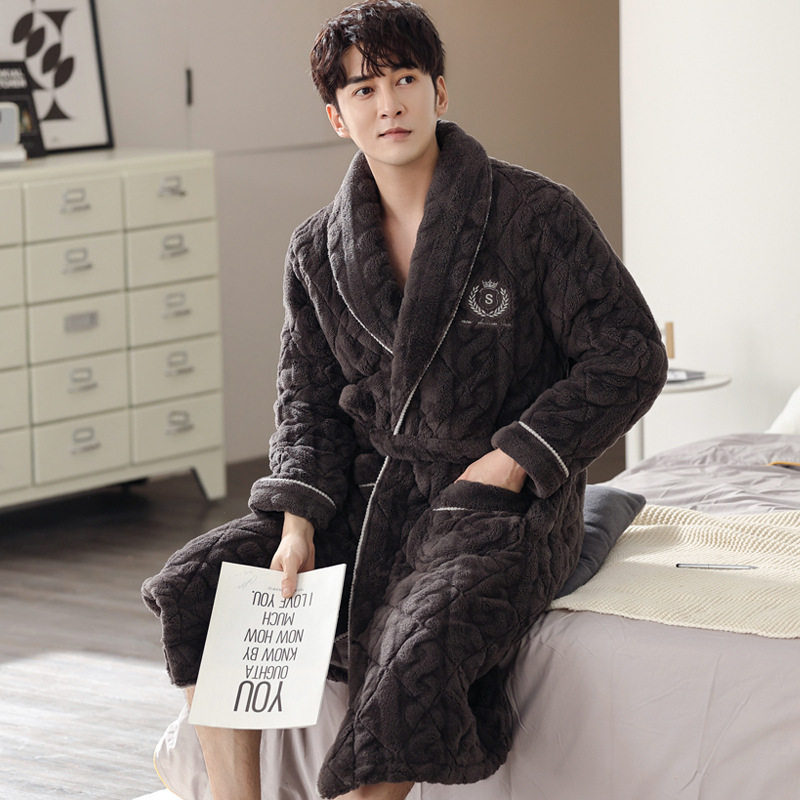 珊瑚绒睡袍男冬季夹棉袄中长款睡衣三层加厚法兰绒棉服浴袍男晨袍