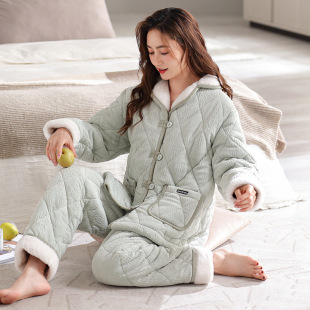 家居服 秋冬法兰绒棉袄冬款 睡衣女冬季 珊瑚绒三层加厚加绒夹棉女款