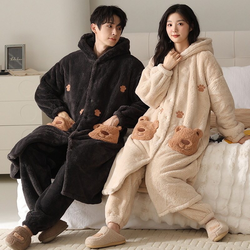 冬季情侣连帽睡袍套装卡通小恐龙珊瑚绒家居服男女款甜美保暖睡衣