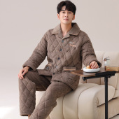 超厚保暖法兰绒家居服 加厚加绒珊瑚绒大码 三层夹棉睡衣男士 秋冬季