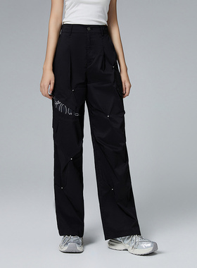 普普风黑色设计感拼色工装长裤女2024秋季新款百搭休闲裤21522