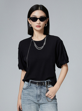 普普风100%棉泡泡袖T恤女2024夏季新款修身工艺设计感上衣21184S