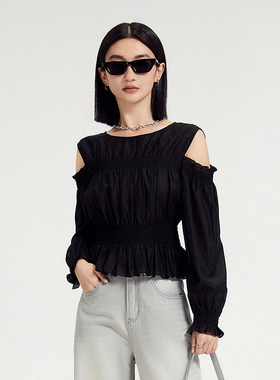 透视感褶皱露肩上衣两件套(含小吊带)女2024新款设计感21253