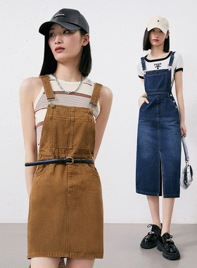 普普风活力减龄小个子/复古显瘦开叉牛仔背带裙2024新款9052