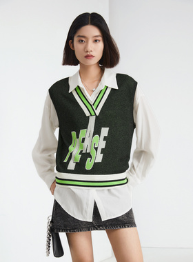 普普风学院风字母提花毛织背心女2024夏季新款无袖马甲外穿20728