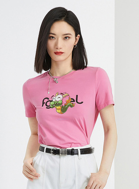 普普风趣味豆豆龙T恤女2024新款粉色休闲简约百搭上衣21149