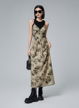 普普风度假风晕染吊带印花连衣裙背心套装女2024新款21252