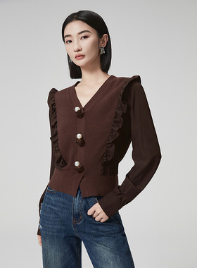 普普风咖色V领长袖荷叶边开衫拼接玫瑰扣子毛衫女2024秋新款21681