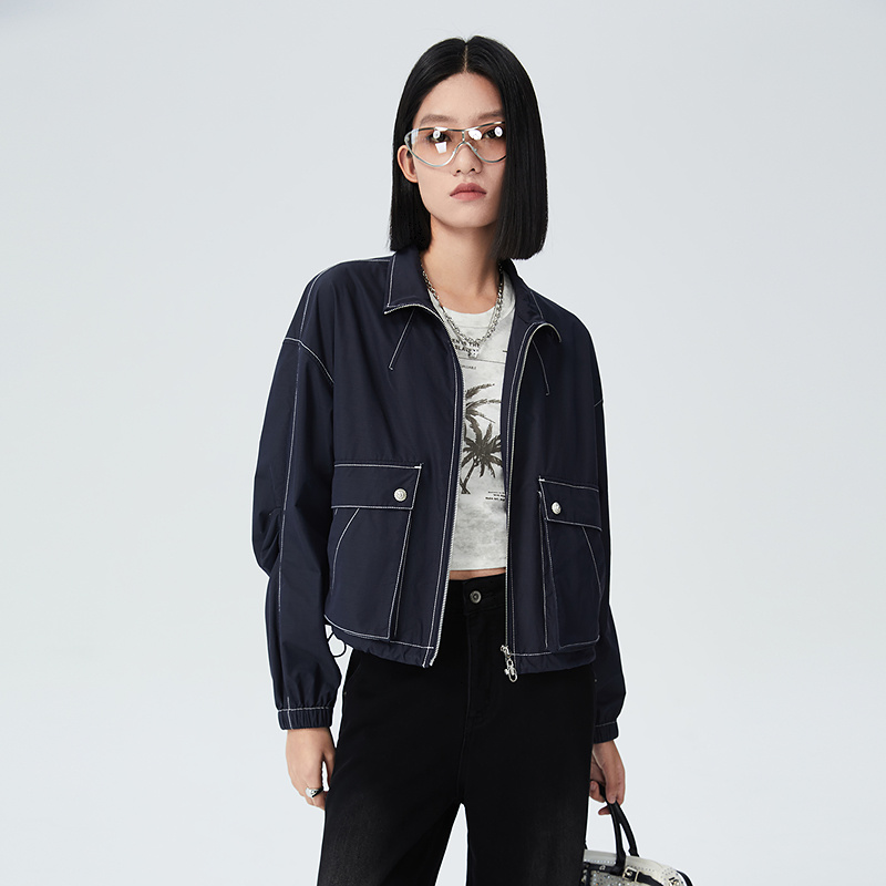 普普风2025年简约美式通勤长袖工装风短款外套撞线短外套女23239