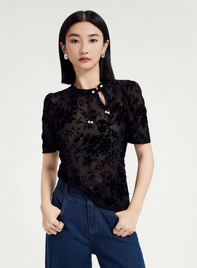 普普风新中式斜扣上衣女2024夏季新款黑色薄款蕾丝小心机T恤21341