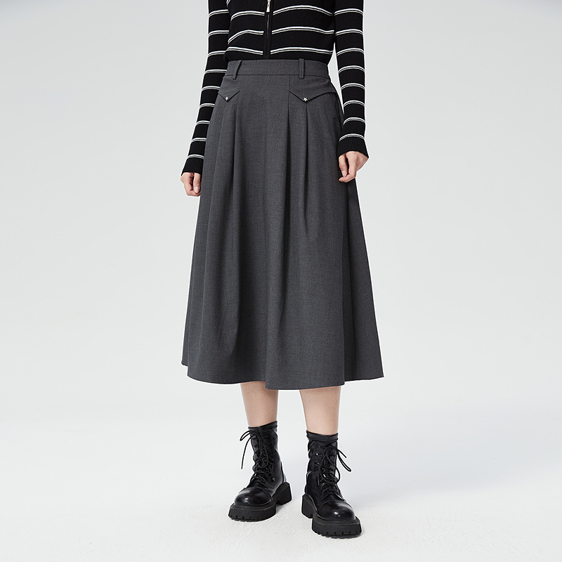 普普风2025年商场同款高腰复古百褶伞裙斯文百搭A字长褶裙女23312