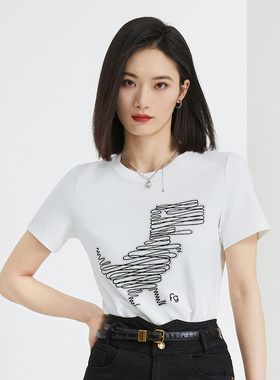 普普风本命年小恐龙线条烫钻正肩T恤女2024可爱减龄风打底21156