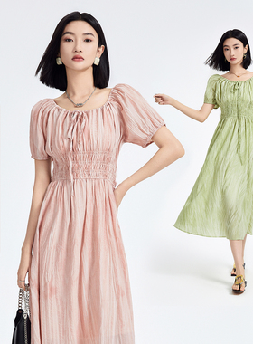 普普风度假风打揽收腰泡泡袖连衣裙女2024早秋新款气质优雅风9302