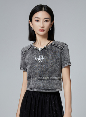 普普风100%棉废土风酷感金属装饰T恤女2024夏季新款小众上衣21237
