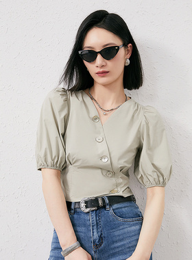 普普风活力灯笼袖开襟小衫女2025新款斜扣设计感小众21224